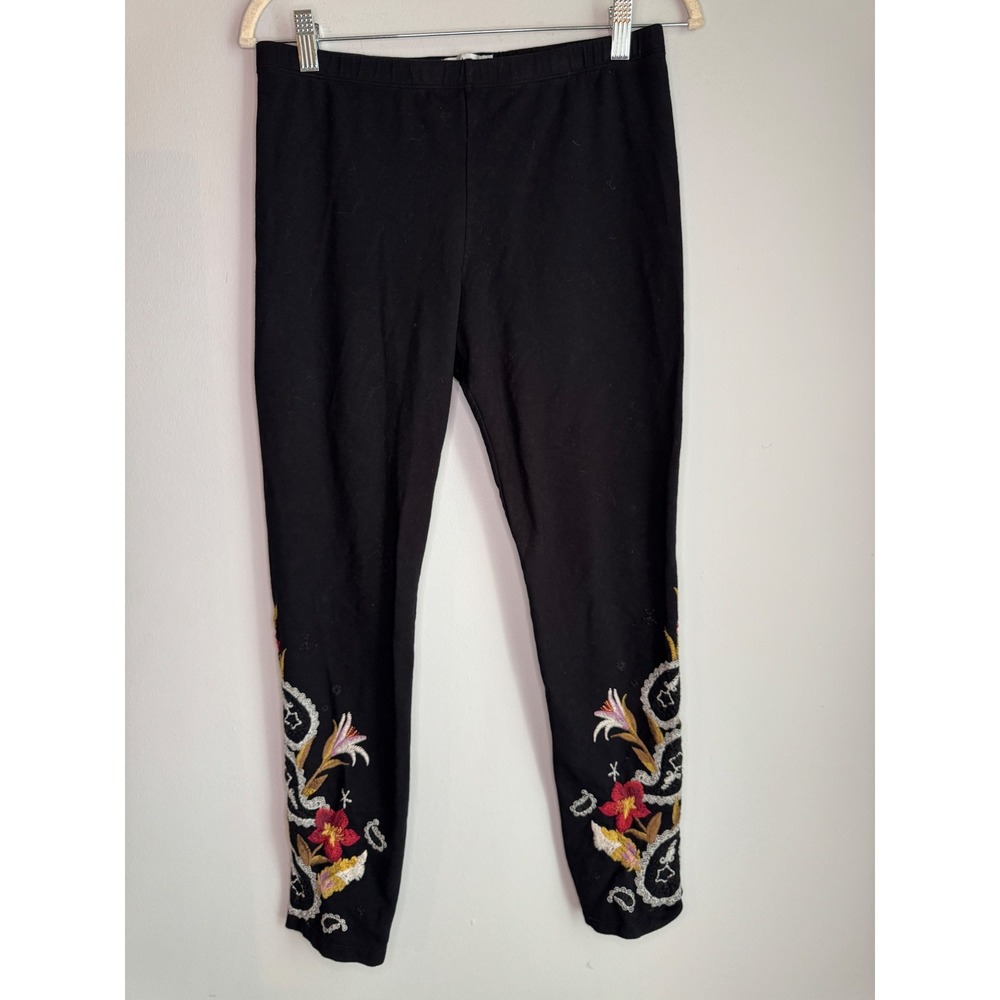 Johnny Was JW Los Angeles Black Floral Embroidered Cotton Leggings Medium